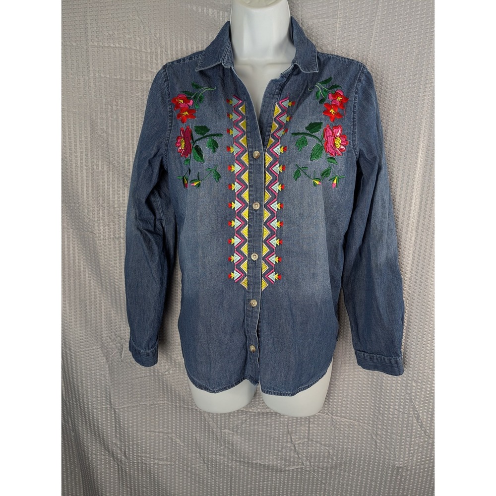 Westbound Embroidered Floral Chambray Denim Button Front Shirt Women Medium Boho